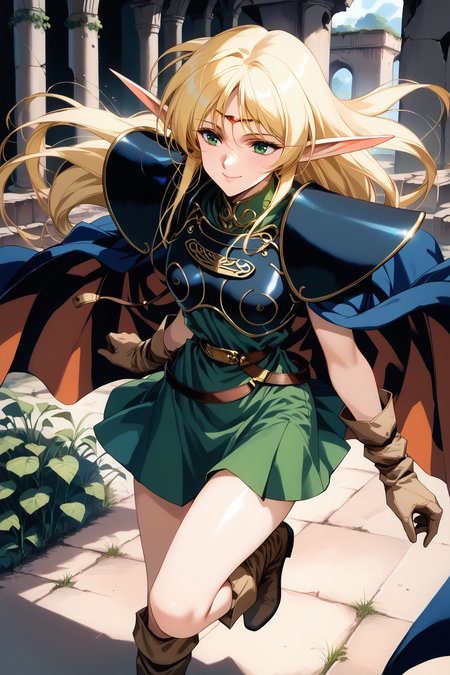 score_9, score_8,  score_7, score_6_up, score_5_up, from above, 
deedlit, circlet, shoulder armor, breastplate, green tunic, gold choker, arm_wraps, belt, brown footwear, boots, ruby circlet, gold line filigree decoration, short tunic, short skirt, 
1girl, long hair, blonde, elf, navy blue breastplate, navy blue shoulder armor, sleeveless, leather gloves, Cloak, green shirt, brown gloves, two-tone cape, long boots,long cape,
beautiful face, 24 years old,
smile, green eyes,
bangs,
record of lodoss war,
cowboy shot, 
ruins, running, 
<lora:Degen_Deedlit_v1:0.55>,  <lora:TOO_NobuteruYuuki_v3B_PonyXL:0.55>,  <lora:PirotessXLpony001:0.3>,  <lora:Urushihara Satoshi_XL_PONY_V2:0.4>,  <lora:Sinozick_Style_XL_Pony:0.2>,  <lora:DefaultZ17:0.2>,  <lora:style1:0.2>,   <lora:pixivtext2:0.2>,  <lora:flyx3_XL_PONY:0.2>