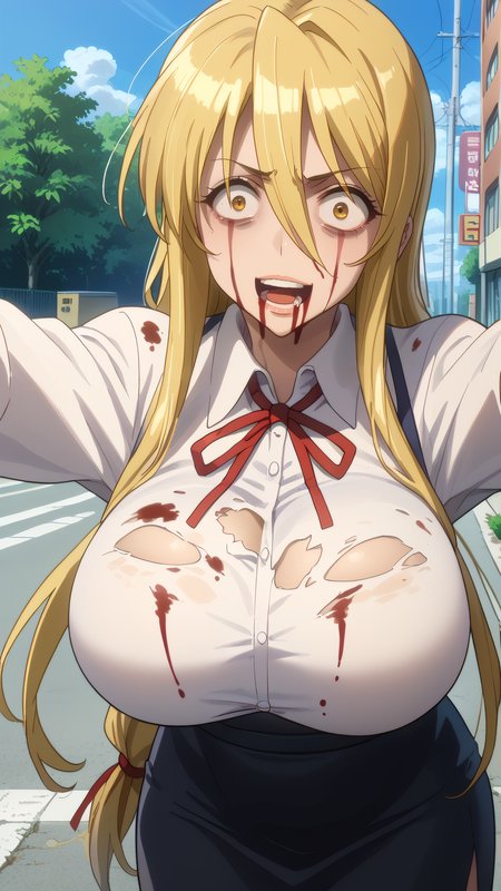 score_9, score_8_up, score_7_up, 1girl, solo, looking at viewer, anime coloring, cowboy shot, close-up, 
<lora:Shizuka_Marikawa_Dwnsty:0.8>, shizuka_marikawa, blonde hair, yellow eyes, long hair, low-tied long hair, hair between eyes, sidelocks, white shirt, collared shirt, red ribbon, neck ribbon, black skirt, pencil skirt, long skirt, torn clothes, 
lips, huge breasts, smile, mature female, hotd_zombie, undead, blood, blood on face, nosebleed, blood on clothes, anime coloring, wide-eyes, constricted pupils, anger vein, angry, arms up, hands up, open mouth, saliva, pale skin, outstretched arms, expressionless, 
outdoors, street, blue sky, highway, 
<lora:Zombie_Hotd_Dwnsty:0.8>