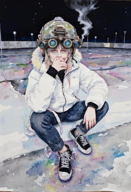Watercolor painting of, a woman wearing a modern military helmet equipped with night vision goggles smoking a cigarette, The helmet has a camouflage pattern and is equipped with communication equipment. The night vision goggles are GPNVGs attached at the front four black tubes extending outwards from the front with four green lenses that sit above her eyes, has blonde choppy hair with long bangs, and is wearing a white parka with fur lined hood, skinny jeans, and high top sneakers, she is sitting in a snowy empty parking lot at night