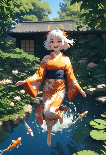 FFCB, simple Anime, masterpiece, best quality, ultra-detailed, cinematic lighting, beautiful composition, depth of field, sunlight BREAK 1girl, solo, skinny, flat chest, dynamic pose, bare feet, jump, jumping BREAK (looking at bowl), (single hand holding bowl), (single hand holding two chopsticks), ((chopsticks)), single white bowl BREAK intricate orange kimono, japanese clothes, open mouth, smile, blush, white hair, fox ears, long hair, white eyelashes, bangs, sharp canine tooth, orange eyes, ((vertical pupils)), (animal pupils), dark skin BREAK outdoors, water splashes, serene Japanese garden with koi fish swimming in a pond and water lilies (koi fish underwater) BREAK full body portrait, full body shot, half sideways