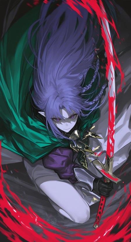 masterpiece, best quality, good quality, very awa, very aesthetic, absurdres, newest, Medea \(Fate\), 1girl, sword holding, ready pose, dynamic pose, action motion, rage, motion blur, vivid colors, ink, partially colored, pointy ears, blood colors, green mantle, purple hair, purple eyes, 748cmstyle <lora:noobai_ep11_stabilizer_v0.138_fp16:0.3> <lora:NOOB_vp1_detailer_by_volnovik_v1:0.3> <lora:ponyv6_noobV1_2_adamW-000017:0.3> <lora:USNR_STYLE_XL_lokr:0.45> <lora:745cmSDXLvpred75S:0.5> <lora:dhjs_0010-noobaiXLNAIXL_vPred_V10_V1-CAME:0.7>