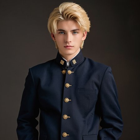 Create a portrait in a realistic style of a striking blond, blue-eyed young man exuding charm, dressed in a traditional Japanese junior high school uniform from the early years. His outfit includes the classic Gakuran jacket with its distinctive stand-up collar and five metal buttons, complemented by straight-legged trousers. He stands out with his additional accessories: sleek black gloves, an elegant cape draped over his shoulders, and a stylish hat perched atop his head. The setting is a cozy café, with the ambiance of soft lighting and steaming cups, adding a modern twist to his traditional attire,<lora:gakuran:0.8>