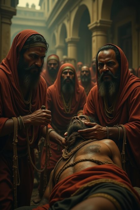 illustration, cartoon, anime, manga, drawing, In ancient India, A sudden ambush scene with Thuggee members strangling their victims with rumals, their faces cold and emotionless, as the victims struggle in vain.
4K UHD, Realistic:1.7, 8K Photo, HDR, Cinematic Shot, Dynamic Lighting, Technicolor, Panavision, Cinemascope, Sharp Focus, Fine Details, Realism, Realistic, Key Visual, Film Still, Cinematic Color Grading, Depth of Field, Professional Lighting, Taken with Canon EOS R5, 75mm Lens.