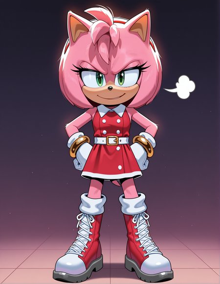 1girl, solo, full body, no humans, sonic \(series\), 
<lora:Movie-Amy:1> movieamy, pink fur, green eyes, animal nose, body fur, hedgehog tail, petite, short legs,
short hair, bob cut, red hairband,
red dress, sleeveless dress, backless outfit, white belt, collared dress, gold bracelet,
white socks, white gloves, standing, lace-up boots, red boots, white boots, two-tone boots, looking at viewer,
standing, hands on hips, exasperated sigh, squinting eyes, annoyed expression, extremely detailed, highres, masterpiece, best quality