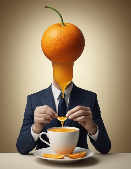 Surrealist art <lora:CivitAI__Style_Fusion_-_FFusionAI_Entry_64DIM:0.65> FFusionAI Style, CivitAI,a man in a suit is eating an orange from a cup, spilling juice, photography alexey gurylev, orange head, photography alexey kurylev, inspired by Darek Zabrocki, inspired by Mike Winkelmann, editorial photograph, photo manipulation, hugh kretschmer, by Etienne Delessert, photo  manipulation . Dreamlike, mysterious, provocative, symbolic, intricate, detailed