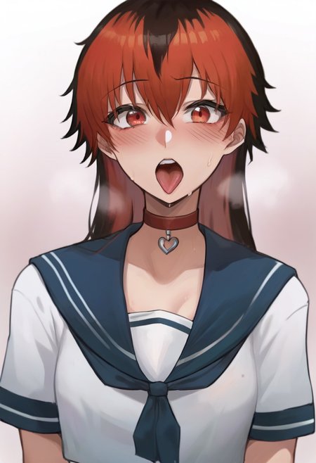 score_9, score_8_up, score_7_up, Mevak_PS, source_anime, hi res, masterpiece, best quality, highres, female focus, red choker, serafuku, blush, open mouth, tongue out, looking at viewer, blue sailor collar, short sleeves, upper body, collarbone, teeth, shirt, heart choker, sweat, neckerchief, zPDXL,  zPDXLxxx,  stark (sousou no frieren), long hair, red hair, red eyes, hair between eyes, multicolored hair, black hair, two-tone hair,