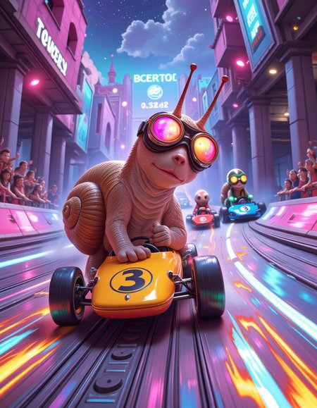 masterpiece, movie poster style,  hypercartoon speed fantasy, sweet glitch-racer style, ecstatic snail in racing goggles speeding down a syrup slide with neon motion blur trails, iridescent hover-racers cheering behind, candy-racer shell chrome, toon-turbo madness, <lora:add-detail-xl:1>âââ