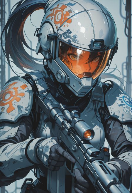 embedding:lazypos, 1girl, (helmet removed:1.2), high ponytail,  focused subject, trigger discipline, otherworldly sci-fi weapon rifle,
 timewarp, warphole, nistyle Incorporate dynamic lighting with glowing accents and sharp highlights, emphasizing a polished, high-tech appearance. Backgrounds should feature bold, geometric patterns or abstract digital elements, such as grids, streaking lines, creating a sense of motion and energy. Surfaces should appear reflective or metallic, with fine attention to detail in textures and shadows. The composition should feel cinematic and intense, with a focus on clean, precise lines and a sense of technological sophistication.