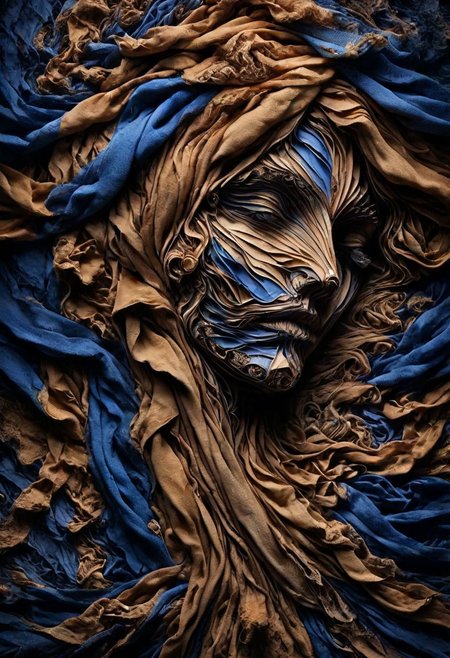 RAW closeup photo, peaceful children face, macro shot, dark blue, orange, gold scarf, masterpiece, colorful details, award winning, high detailed, 8k, natural lighting, analog film, detailed skin, amazing composition, intricate details, subsurface scattering, vellus hairs, amazing textures, soft light
