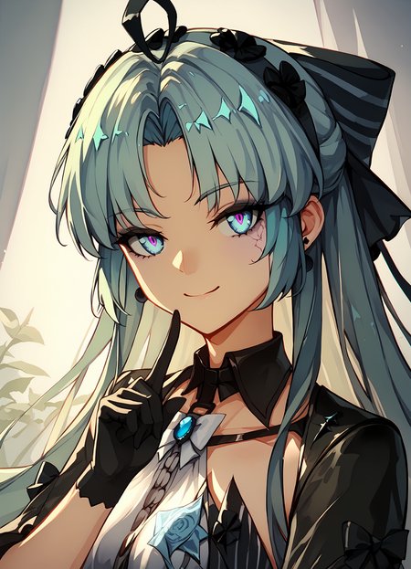 (score_9, score_8_up, score_7_up), 1girl, carlotta alter, black hair bow, black gloves, upper body, smile, closed mouth, index finger raised, finger to mouth, <lora:carlotta-wwPO-v1b:0.9>