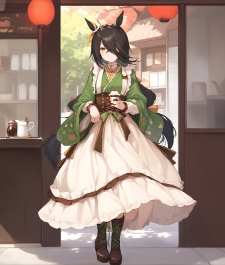 score_9, score_8_up, score_7_up, 2D, anime BREAK
spring, cafe, 
verdant_night, 1girl, solo, looking at viewer, bangs, black hair, dress, animal ears, hair between eyes, standing, full body, yellow eyes, ahoge, boots, japanese clothes, alternate costume, hair over one eye, cosplay, brown footwear, horse ears, horse girl, cross-laced footwear, long bangs, 
<lora:Manhattan Cafe-ponyXL_locon:0.9>,