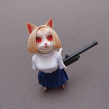 absurdres, highres, best quality, masterpiece, very aesthetic, newest, year_2024, year_2023, year_2022,source_photo,photo,realistic,cinematic,no humans,1girl, Neco Arc, blonde hair, red eyes, slit pupils, cat ears, :3, cat tail, turtleneck, white shirt, blue skirt, pleated skirt, pantyhose, brown footwear,outdoors,holding gun,sidewalk,town