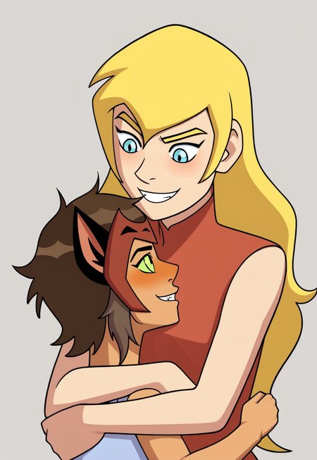 ((flat colour, 2 people,)) CHShRa, RAOutfit, upper body shot BREAK size difference CHCatra, CATBig Hair, hugging body, looking up at other figure, CASleeveless Outfit, CAHead Ornament,