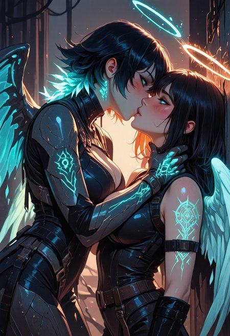 (masterpiece), (best quality), (8k), 2girls, angel and demon, intense stare-down, tension, glowing eyes, magical aura, emissive lighting effects, cinematic lighting, golden hour glow, divine vs infernal contrast, glowing halo above angel, broken burning halo above demon, floating sparks, glowing tattoos or markings, glowing feathers vs shadowy wings, ambient light particles, symmetrical composition, high detail, soft shadows and light contrast, dramatic environment, cleavage, large breasts, detailed armor, bodysuit, fishenets, sleeveless, armbands, flowing cloth, mystical energy in air, angel freckles, demon scars, 
Stand off, head to head, hand on neck, grabbing neck, eyes focused on each other, face details, hand on chest, happy, in love, blush, kiss, kissing, blushing, pushed against wall,