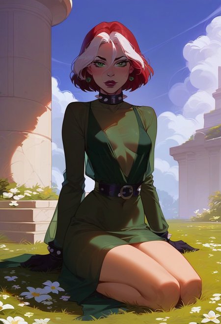 score_9, score_8_up, score_7_up, 1girl, solo, sexy pose, sitting,  masterpiece, detailed, high quality, Expressiveh, small breasts, 
EVOrogue, makeup, short hair, spiked collar, black gloves, see-through, no bra, green shirt, long sleeves, no skirt
BREAK grass, mansion background