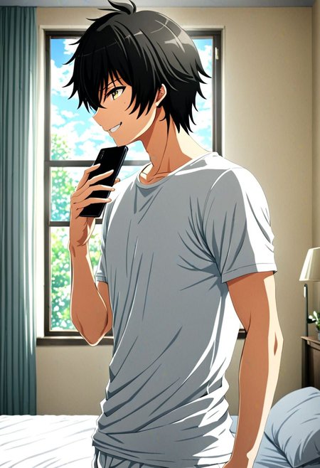 high resolution, solo, best quality, 1Boy, Seiya Kanie, black hair, short hair, holding smartphone, t-shirt, on the bed, sunny day, window, smile, side view, indoor, bed room, OverallDetail