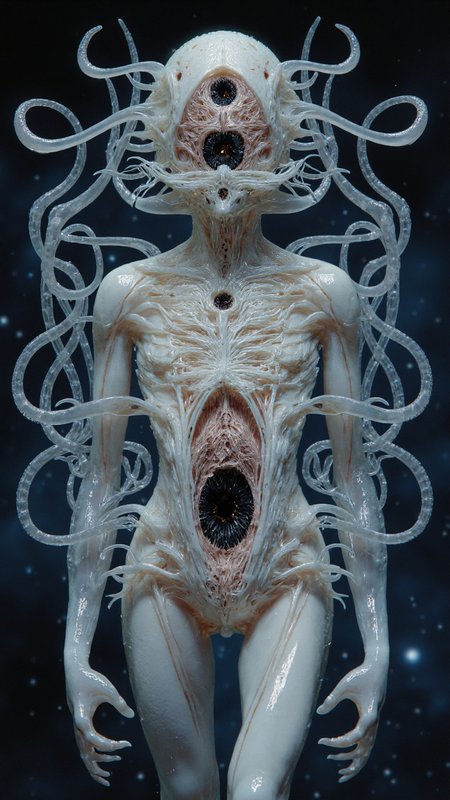 4byss, A being with the basic shape of a human but composed entirely of transparent tissues, revealing swirling cosmic debris flowing through its circulatory system. Its fingers split into dozens of delicate tendrils that can reach through solid matter. Where its eyes should be, there are two slowly rotating black holes that draw in light.