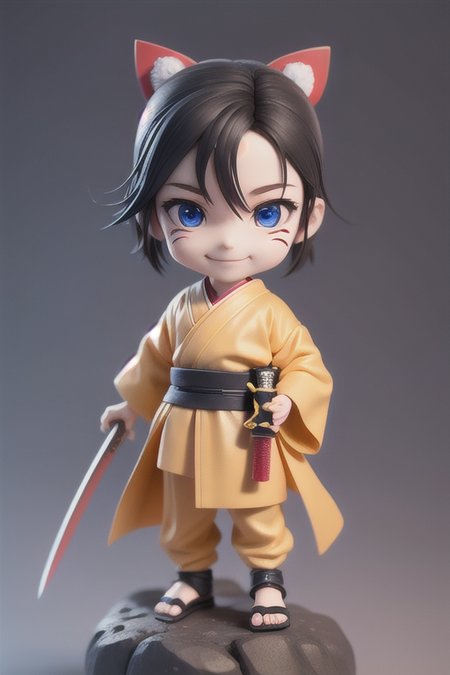 (masterpiece),(best quality),(ultra-detailed), (full body:1.2), 1boy,chibi, smile,(beautiful detailed face), (beautiful detailed eyes), (Simple and clean style_1.5),
ninja,  (ninja mask:1.3),  shuriken, hand holding  samurai katana,  metallic, ninja mask, ninja \(final fantasy\), 
<lora:blindbox_V1Mix:1> ,