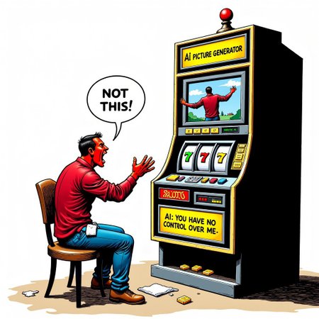 Side view man sits in front large tall slot machine without reels named:"AI picture generator",its screen has half clear half deformed picture. The man is in angry shouting ,  at the slot machine position, his face is red with anger arms spread  with palms open, above him speech bubble text :"Not THIS!". From his pants side pockets falls white towel to the floor,
From the machine squire message box yellow on black  aidmaTextImprover with text:"AI: you have no control over me".  the back of the slot machine has lines of gold bars with electric symbol engraved on their side, man in realistic comic style
, Perfect hand, aidmaTextImprover