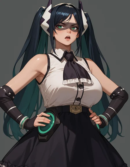 score_9, score_8_up, score_7_up,score_6_up  source_anime,1girl,huge breasts,wide hips,hand on hips,annoyed,open mouth
  <lora:lady_black_(shy)-koto-PonyXL:1> ldyblash, twintails, eye mask, black frilled skirt, black elbow gloves, black ascot, green eyes, hair ornament, black hair, white sleeveless shirt, bare shoulders