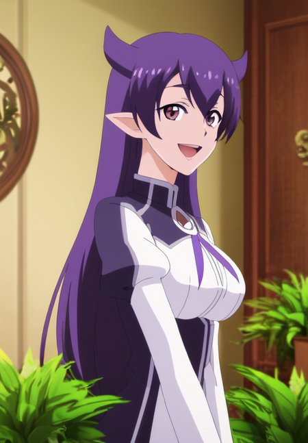 <lora:Maria:0.8>, Maria, 1girl, solo, open mouth, purple eyes, upper body, indoors, smile, plant, anime coloring