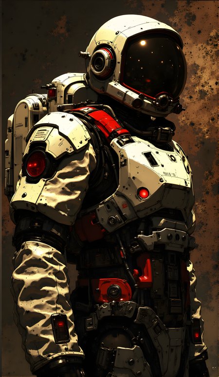 A highly detailed and futuristic astronaut suit, designed with a blend of advanced technology and rugged durability. The suit is primarily metallic silver with red accents, giving it a sleek yet robust appearance. The helmet features a large, reflective visor that reflects the surrounding environment, adding to the sense of realism and immersion. Various mechanical components, such as joints, panels, and cables, are intricately integrated into the suit, suggesting complex functionality and adaptability.
The background is an abstract, textured surface with earthy tones, which contrasts with the clean lines and polished surfaces of the suit. This contrast enhances the focus on the astronaut, making the figure stand out prominently. The overall aesthetic is both futuristic and industrial, evoking a sense of exploration and adventure in a high-tech setting. The attention to detail in the design elements suggests a high level of craftsmanship and artistic vision.
j_art, anime, anime art, <lora:FLUX\jul\J_Anime:1.0>, <lora:FLUX\Anime Art V3:0.1>, <lora:FLUX\RM_Artistify_v1.0M:0.1>, <lora:FLUX\RetroAnimeS1.1:0.1>