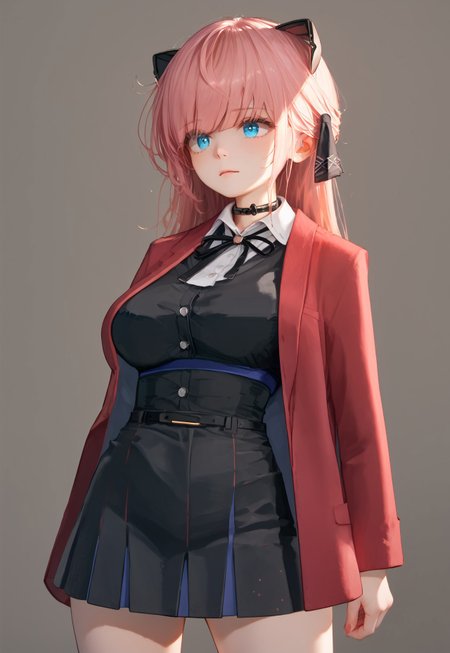 masterpiece, best quality, very aesthetic, anime, plain background, Expressiveh, zPDXL3, sinfully stylish, dramatic lighting, soft light, long shadows, detailed, steady focus, 1girl, solo, Vivi, pink hair, blue eyes, large breasts, choker, hair ribbon, red jacket, bangs, short skirt, 
