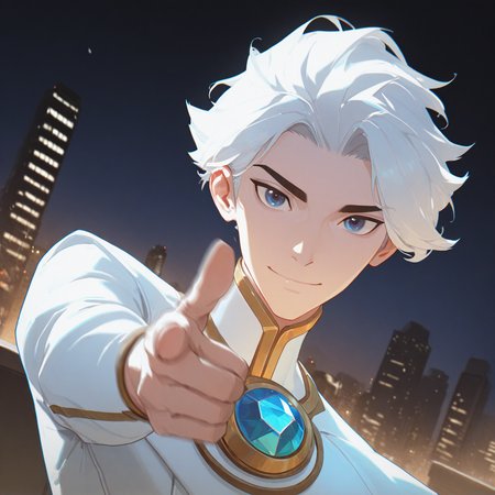 <lora:NICE:1>mr_nice, solo, looking at viewer, smile, short hair, blue eyes, 1boy, closed mouth, jewelry, jacket, upper body, white hair, male focus, outdoors, sky, dark blue eyes, night, white jacket, portrait, pointing, gem, brooch, building, city, cityscape, bishounen, pointing at viewer, skyscraper, finger gun, glitch, detailed background, motion blur, film grain, abstract, natural lighting, fantasy, cinematic, dynamic view, tilted angle, very awa, masterpiece, best quality, absurdres, newest, perfect quality, detailed background, intricate details,  (artist:fl \(l-fl\):0.7), (artist:tooboshoo:0.7), (artist:dizdoodz:0.8)