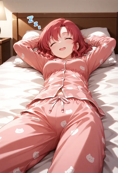 masterpiece,extreme detailed,indoors,living room,bed BREAK cecil_(fe),1girl,solo,short hair,red hair,red eyes,pajamas,medium breasts,<lora:cecil_(fe)-IL:1>,on back,closed eyes,sleeping,open mouth,arms up,smile,zzz,