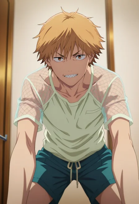 masterpiece, best quality, , anime screencap, anime coloring, official style, looking at viewer, 1boy, solo, male focus, <lora:denji_chainsaw_man_ilxl:1>, denji_chainsaw_man, blonde hair, brown eyes, short hair, bangs, sharp teeth, , Pleated shorts, Mesh Thermal shirt, , ,