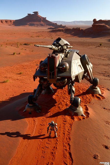 7-ATTE, walker, mecha, giant, field of view, red sand, desert, dunes, accurate proportions, sharp image  [reflections, accurate lighting, shadows, realistic, high quality photo, 4k, hd, smooth metallic surfaces, render, cgi]