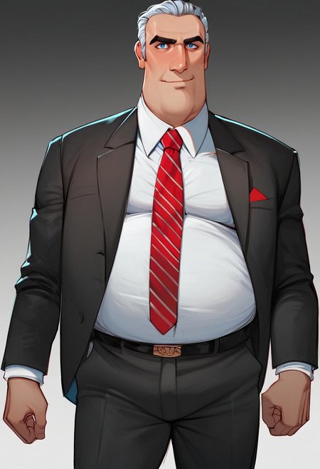 (score_9, score_8, score_9_up, score_8_up, score_7_up),  pureerosface_v1, zPDXL3, easynegative, perfect eyes, 4k, Ultra-Detailed, Ultra-Highres, High quality, André Bourgeois, slicked back hair, gray hair, short hair, blue eyes, tall man, fat man, suit, dark gray jacket, white shirt, collared shirt, red necktie, red handkerchief in the jacket's upper pocket, dark gray slacks, sash,  blue, white, and red striped sash over his right shoulder, looking at view Break, simple background