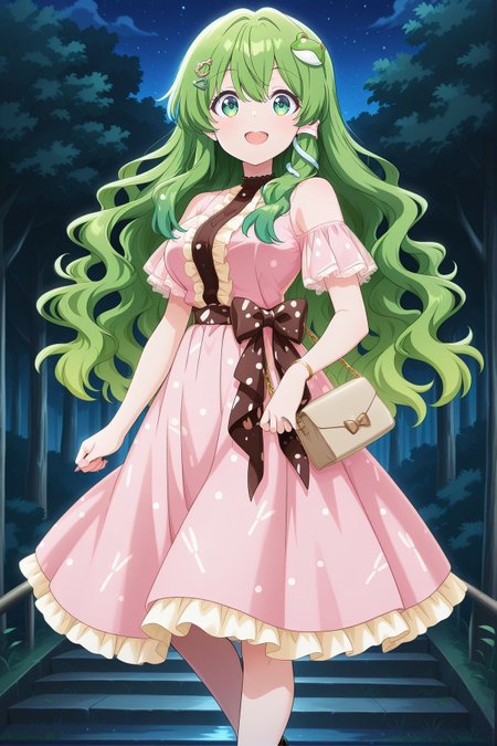 absurdres, highres, masterpiece, best quality, amazing quality, official anime artwork, screencap, anime screencap, outdoors, looking at viewer, dynamic pose, open mouth, smile, 
 <lora:Sanae-Kochiya_IllustriousV2:1> kochiya sanae, 1girl, solo, green eyes, green hair, long hair, wavy hair, frog hair ornament,, kochiya sanae \(nighttime breath of fresh air\), alternate costume, alternate hairstyle, hairclip, jewelry, black sash, pink dress, pleated dress, frilled dress, short sleeves, brown bow, bracelet, high heels, pocketbag,
night, forest,