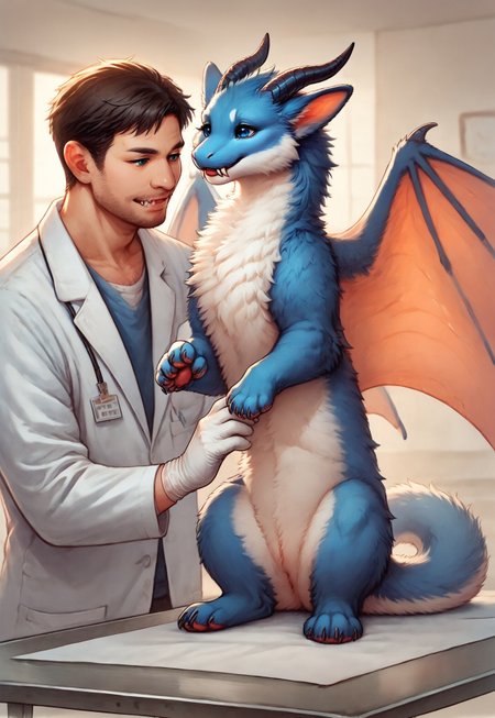 score_9, score_8_up, score_7_up, score_6_up, furry art, vetcheck, human, 1boy, veterinarian, lab coat, rubber gloves, inspection, hands, holding lioness, animal focus, inspection table,, furred dragon, female, white and blue fur, wings, horns, tail, chest fluff, paws, fangs, ton back, faded blue eyes, ((quadruped)), front view, detailed background, hires, masterpiece, ultra detailed
