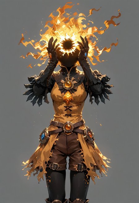 score_9, score_8_up, score_7_up, solo,
lord_of_frenzy, fire head,
headache,
(A cinematic shot:1.2), hkmagic,
novakin, faceless, no eyes, no mouth, no nose, no facial features, short fiery yellow orange hair, body made of black plasma,
open hands, hands on face front,
hands on own head, 
upside-down, backflip,
magical girl outfit, (steampunk dress:1.1), boots, (brown shorts:1.1), black tights, medium breasts, belt, gloves, 
simple background, grey background,