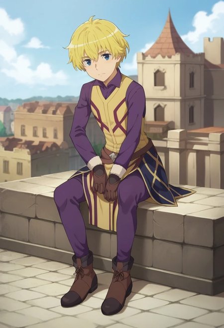 score_9, score_8_up, score_7_up, source_anime, highly detailed, 

deimne, 1boy, male focus, solo, blonde hair, gloves, brown gloves, brown footwear, boots, blue eyes, looking at viewer, pants, purple pants, shirt, purple shirt, tunic,

outdoor, building, medieval, sky, clouds, sit,