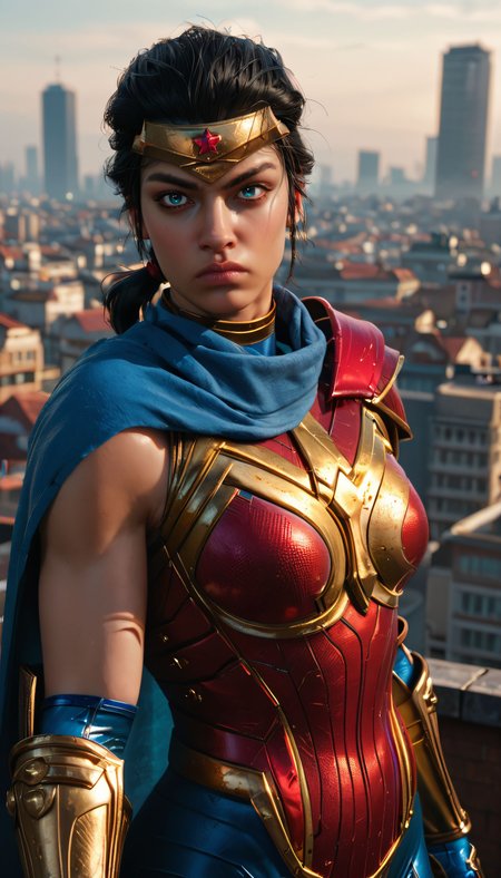 zPDXL3,  <lora:wonderwomanSQXL:.7>,
wnderwmanxl, black hair, blue eyes, low ponytail, circlet, bodysuit, red chest plate, bare shoulders, armor,blue cape, looking at viewer, serious, standing, outside, city, rooftop, overcast,