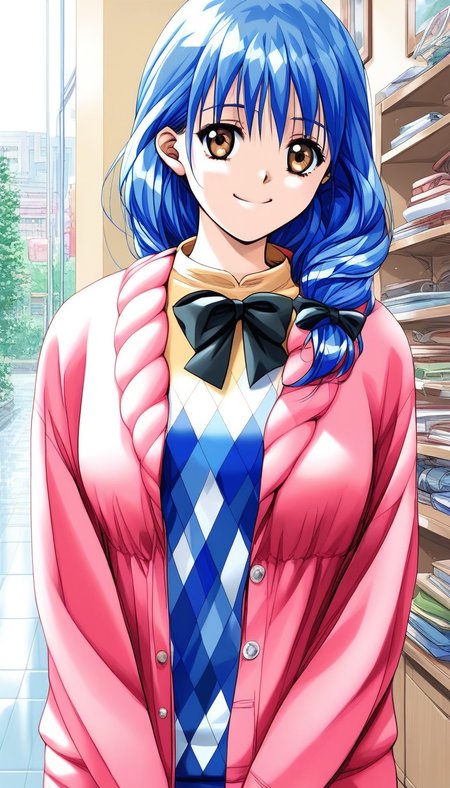 score_9, score_8_up, score_7_up, source_anime, rating_explicit, BREAK  <lora:Yasuda_Azumi_XL:1> Yasuda_Azumi, blue hair, long hair,  bangs, brown eyes, medium breasts, 
headwear removed, smile, pink jacket,  
jacket, upper body, bow, pink sweater, long sleeves, shirt, argyle, black bow, 
home in the room, flooring, 
looking at viewer,