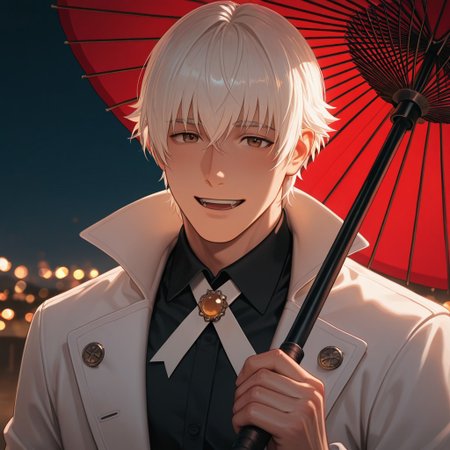 masterpiece, best quality, amazing quality, absurdres, newest, detailed background, definition so sharp, Ultra-HD, 8K cinematic, very awa, impressionate, amazing quality, highres, 
solo, male focus, manly, mature male, bara, bokeh, night, warm light, blurry background, outdoor, 
yashiroisana, 1boy, short hair, bangs, shiro_white hair, shiro_brown eyes, white coat, black collared shirt, ribbon, brooch, oil-paper umbrella, holding umbrella, close umbrella,
smile, happy face, open mouth