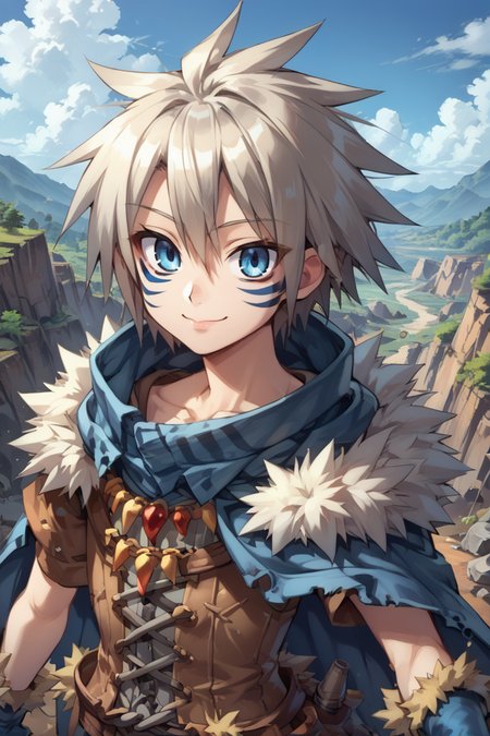 (score_9, score_8_up, score_7_up, score_6_up), source anime, BREAK, solo, <lora:Milanor:0.75> , miladef, 1boy, grey hair, spiked hair, blue eyes, blue facial mark, fur trim, blue cloak, white corset, (upper body),  exterior, outdoors, day, canyon, mountains, cliffs, valleys, wasteland, standing, smile, closed mouth, <lora:zy_Detailed_Backgrounds_v1:0.5> , detailed background, highly detailed,   <lora:backgroundsetXL:0.4> , background, looking at viewer,  <lora:b3yum1XLP:0.5> , b3yum1,