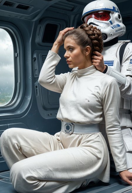 score_9, score_8_up, score_7_up, rating_explicit, realistic, masterpiece, by Serpieri, best quality, very aesthetic, star wars characters, (tall storm trooper:1.7), (petite princess leia:1.7), worried, kneeling, white gown, storm trooper, hair grab, star wars, space ship interior, scifi,