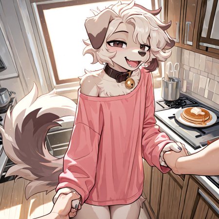 masterpiece, best quality, newest, absurdres, highres, furry, perfect anatomy, detailed background, detailed character, detailed face, 1nf1,1girl,solo,furry,furry female,dog girl,dog ears,short hair,white hair,brown eyes,snout,animal nose,collar,neck bell,body fur,two-tone fur,dog tail, indoors, kitchen, pancakes, pink shirt, oversized shirt, shirt to legs, sleepy, messy hair, messy fur, smile, happy, standing, baggy eyes, half-closed eyes, ambiant lighting, sunlight through window, having fun, laughing, looking to side, looking at viewer, holding hands, human viewer,