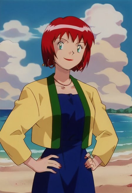 score_9, score_8_up, score_7_up, 1girl, solo, beautiful, 
source_anime, retro_artstyle
looking at viewer, hands on hips, head tilt, outside, beach, sand, skies, clouds, standing, smiling
PKMNLuana, 1girl, red hair, short hair, blue eyes, makeup, lipstick, hoop earrings
yellow jacket, blue dress