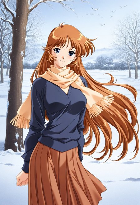 masterpiece, best quality, newest, highres, uncensored, 1girl, yokota mamoru style,1girl, slender face，motion lines,Kobayakawa_Mizuho, blue eyes, very long hair, orange hair, bangs, breasts,Brown Hair , Waist Length hair, Blue Eyes,1990s (style),slim,solo,distance view,
1girl, snow, black hair, scarf, tree, bird, brown hair, outdoors, blue eyes, winter, skirt, day, long hair,smile