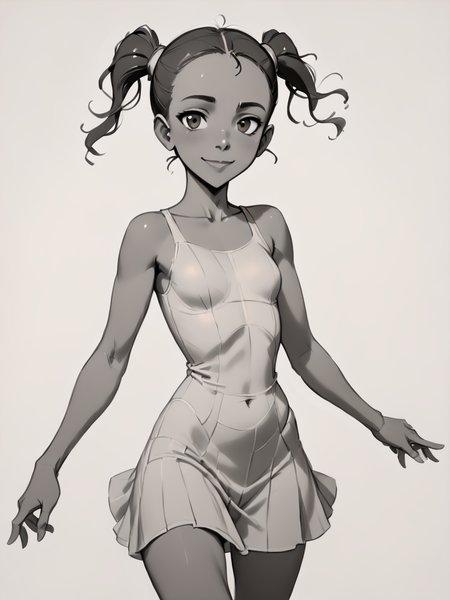 score_9, score_8_up, score_7_up,  score_6_up, BREAK, Sk3tch, sketch, monochrome, <lora:Sketch:1> L1ttl3Ti4n4, 1girl, solo, black hair, brown eyes, twintails, dark-skinned female, dress, smile, looking at viewer <lora:Little_Tiana:0.8>
