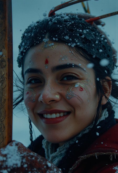 Extreme Face Closeup, A cinematic extreme close-up of a warrior reimagined as a terrifying DARK skinned witch. She is grimly laughing, her expression one of superiority, with magical, Polynesian-like runes glowing across her face. Her mouth is stitched close in a menacing, while her poison aura escapes into the eerie air. Her translucent skin glows faintly, as though made of magic, with intricate patterns shimmering across her face. Her wide eyes exude both beauty and terror, contrasting with the eerie perfection of her ethereal form. A wind blows her headband back dramatically, adding to her powerful presence as she holds an ancient, magical wooden oar in her hand. Backlighting creates a dramatic, atmospheric glow, illuminating the swirling snowflakes in the air and emphasizing the sharp angles of her confident visage. The scene is chilling, intense, and hauntingly beautiful.