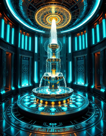 The center of a high-tech, alien temple-laboratory, where dark metallic walls shimmer under the glow of cyan vertical light tubes and faint sacred runes. In the middle of the chamber lies an elaborate biomechanical fountain, rising like an altar from a circular platform of engraved metal. The fountain pulses with iridescent liquid light, flowing in gravity-defying streams that spiral upward before cascading back into a glowing basin etched with ritual patterns. Bioluminescent veins run through the structure, illuminating the surrounding floor like circuitry. Overhead, a radiant, halo-like design casts a celestial glow, enhancing the surreal, sanctified atmosphere. The space exudes a fusion of sacred ceremony and alien technology, as if the fountain were a source of divine power worshipped by another world.
<lora:high-tech_alien_temple_f0unt41n:1>,high-tech alien temple f0unt41n,<lora:SDXLFaeTastic2400:0.4> <lora:extremely_detailed:0.4> extremely detailed, Masterpiece,best quality,hi res,8k,hi res,8k,award winning,(sharp focus, intricate, highly detailed),