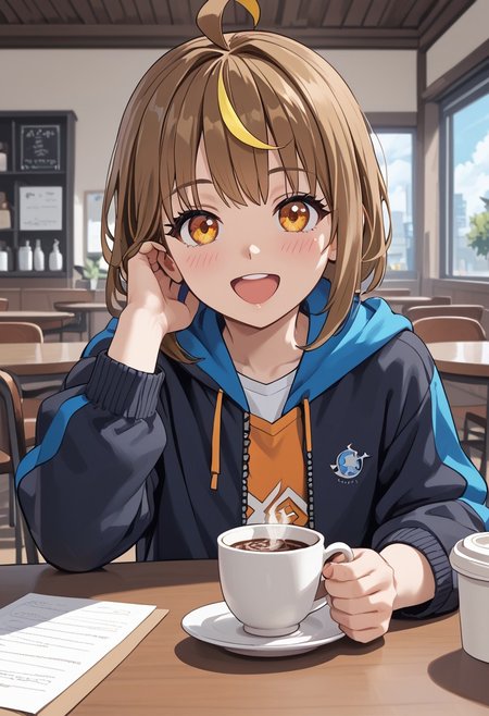 score_4,score_5,score_6,score_7_up,score_8_up,score_9 ((masterpiece,best quality,ultra detailed,highres,HD,4k:1.2)), 
1 boy, solo,solo focus,girl focus,face focus,
Shiron(normal),brown hair,multicolored hair,yellow streaked hair,bangs,ahoge,sidelocks,orange eyes, petite,
indoor, cafe, pov date, across table pov, across table, Coffee on the table,sitting, 
looking at viewer,blush,happy,open mouth,
