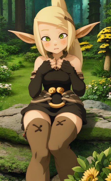 best quality, masterpiece, focused, evangelyneyoung, elves ears, green eyes, nature, blonde hair, 1girl, black hair, boots, sitting on rock, rock, root, mushroom, good hands,  flowers, detailed eyes, good eyes, detailed hands, 5fingers, 4k, high quality, from above, sunny, sun, forest background  <lora:evangelyneWakfu_v10:1>