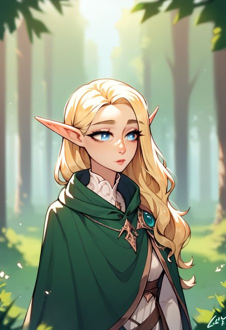 (((beautiful, high quality))), upper body, score_9, score_8_up, score_7_up, solo,
LomArtStyle,
Elf, Pointed ears, Long eyebrows, 1girl, blue eyes, Blonde long hair, fantasy cape, green cape, Kind face, Outdoor, fantasy background, nature
blurred background,